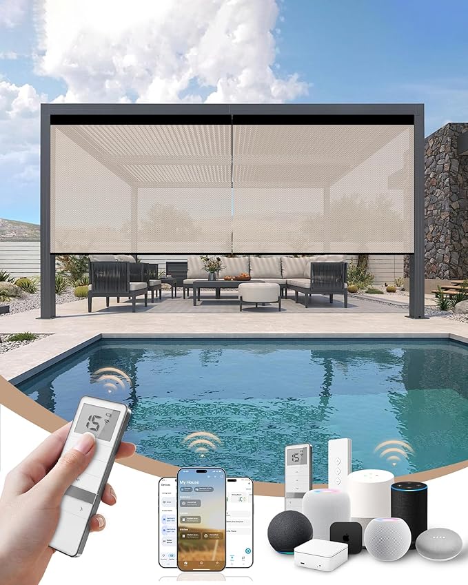 Kincmo Motorized Outdoor Shades for Patio Porch, Custom Outdoor Motorized Blinds with Remote, Waterproof & Windproof Patio Shades Work with Apple Homekit,Alexa,Google (3% Openness Beige)