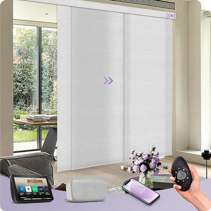 Graywind Motorized Sliding Panel Blinds Light Filtering Compatible with Alexa Google Smart Custom Panel Track Blinds Remote Control for Patio Sliding Door (Dimout Jacquard White)