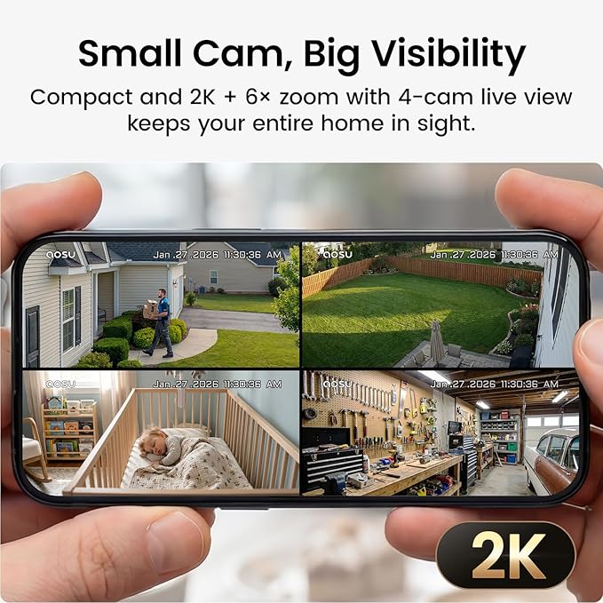 aosu Outdoor Security Cameras Wireless Home Surveillance System with aosuBase, Battery Powered, Cross-Camera Tracking, True 2K HD Color Night Vision, Spotlight, Motion Alert, Easy Setup, 6-Cam-Kit