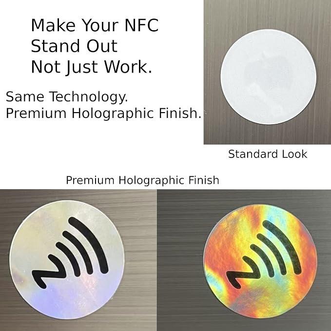 DAMILA NFC216 Tags – Programmable Rewritable NFC Stickers with Anti-Metal Layer & Holographic Cover, 888 Bytes Waterproof 1 Inch NFC Tag for Metal Surfaces, Smart Business Cards & Automation (30)