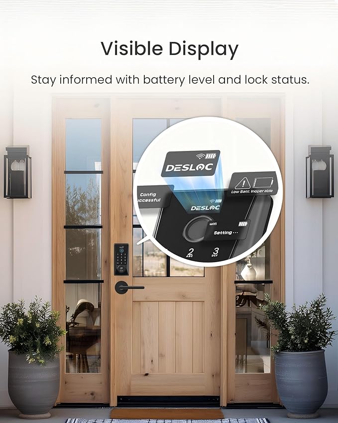 DESLOC Smart Lock D110 Plus, Fingerprint Keyless Entry Door Lock, Built-in Wi-Fi, App Remote Control, Smart Locks for Front Door, Keypad Deadbolt with LockVue Display, IP54, BHMA Grade 3