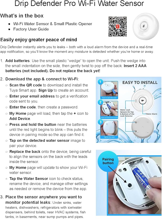 Drip Defender Pro Water Sensor WiFi Water Leak Detector for Home 100dB