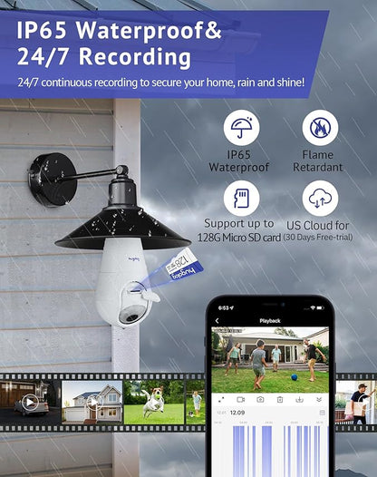 Hugolog 2K 3MP Light Bulb Security Camera 5G& 2.4GHz WiFi, 360° Wireless Outdoor Indoor Camera for Home, Motion Detection, Two-Way Talk, Color Night Vision, Siren Alarm, Compatible with Alexa(2 Pack)