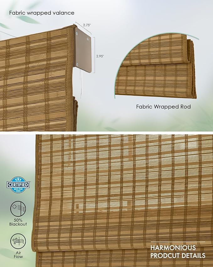 Yoolax Motorized Bamboo Roman Shades with Remote, Smart Roman Shades for Indoor Windows, Automatic Blinds Compatible with Alexa Google Home, Custom Size, Bamboo Wide Light Brown