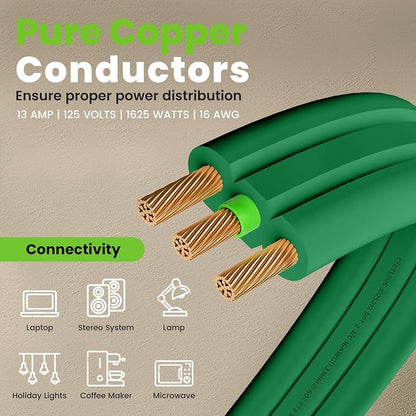 GEARit 25 ft 360° Rotating Flat Plug Extension Cord, 3 Outlet Low Profile Power Cord, 16 AWG 13A 3 Prong Grounded Indoor Cord, ETL Listed, Space-Saving for Furniture, Green