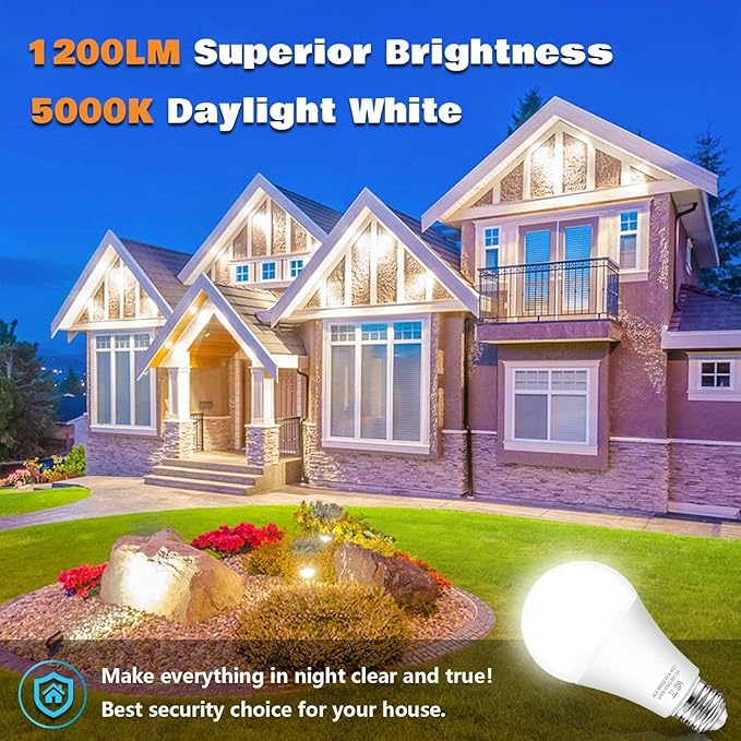 Dusk to Dawn Light Bulbs Outdoor 100 Watt Equivalent, 11W Automatic On/Off Sensor Light Bulb Daylight 5000K, A19 Outdoor LED Light Bulbs Photocell for Porch Garage Yard Security, E26 Base, 12-Pack