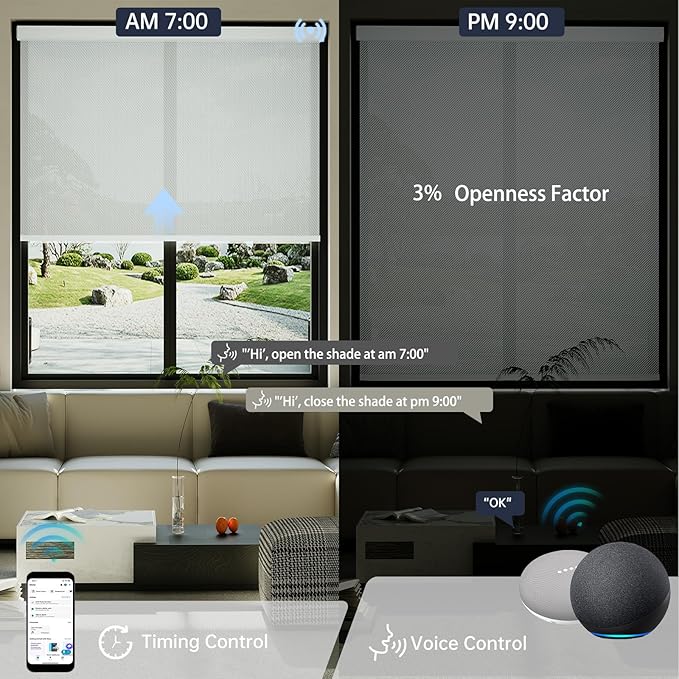 Motorized Solar Shades, Light Filtering Smart Blinds for Windows Automatic Blinds Compatible with Alexa, Falme Resistant Roller Shades Customized for Office Living Room (3% Openness Sliver)