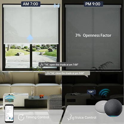 Motorized Solar Shades, Light Filtering Smart Blinds for Windows Automatic Blinds Compatible with Alexa, Falme Resistant Roller Shades Customized for Office Living Room (3% Openness Sliver)