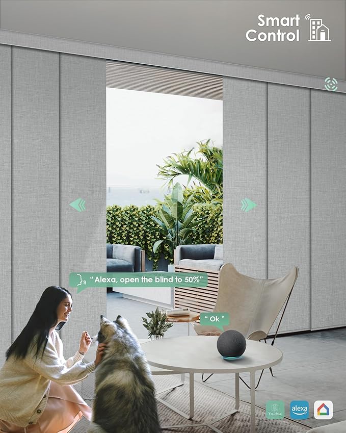 Yoolax Custom XL Smart Sliding Door Blinds, Motorized Sliding Panel Blinds Compatible with Alexa, Fabric Blackout Vertical Rechargeable Battery Shades for Glass Doors(Foggy White)