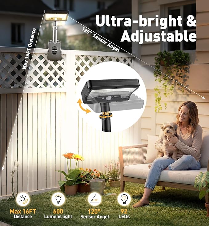 2 Pack Clip On Solar Lights Outdoor with Octopus Tripod, 92 LEDs 3 Color Temps & Remote Control, Motion Sensor Fence Lights Solar Powered, IP65 Waterproof Security Light for Deck, Gutter, Camping