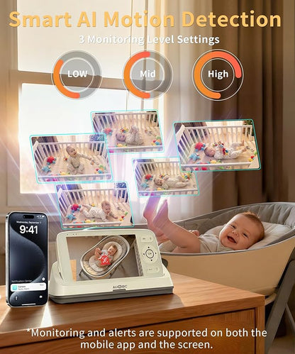 ALIOBC Smart Baby Monitor with Camera and Audio WiFi & No-WiFi Modes AI Cry Detection Night Vision 1080p FHD Camera and 5" Large Screen Two-Way Talk 1000ft Range Smart Alert Easy Setup for New Parents