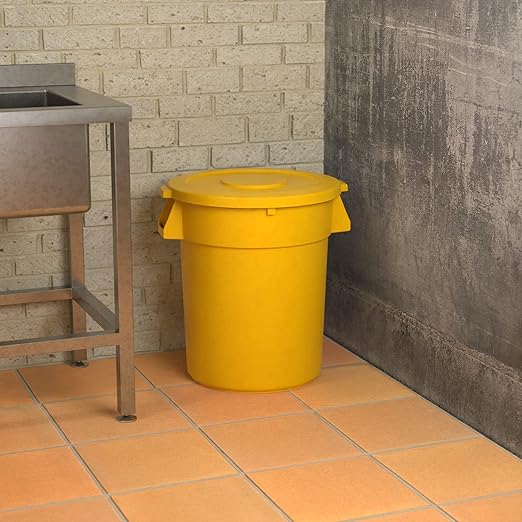 32 Gallon Yellow Round Commercial Trash Can with Lid, Heavy-Duty Food Grade NSF Certified, Perfect for Restaurant, Office, School, Garage, Backyard, Workshop, Warehouse
