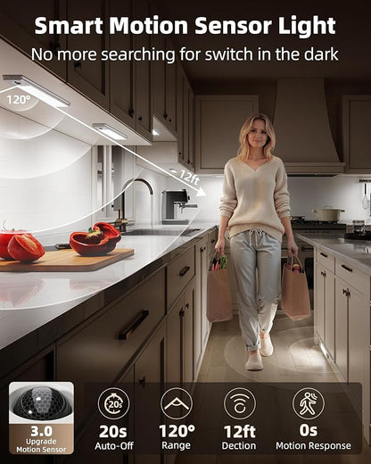 EZVALO 3-Pack Under Cabinet Lighting, 2400mAh Rechargeable Motion Sensor Light, 10inch Magnetic Closet Lights with Dimmable & 3 Color Temps, Wireless Motion Activated Lights with Remote for Kitchen