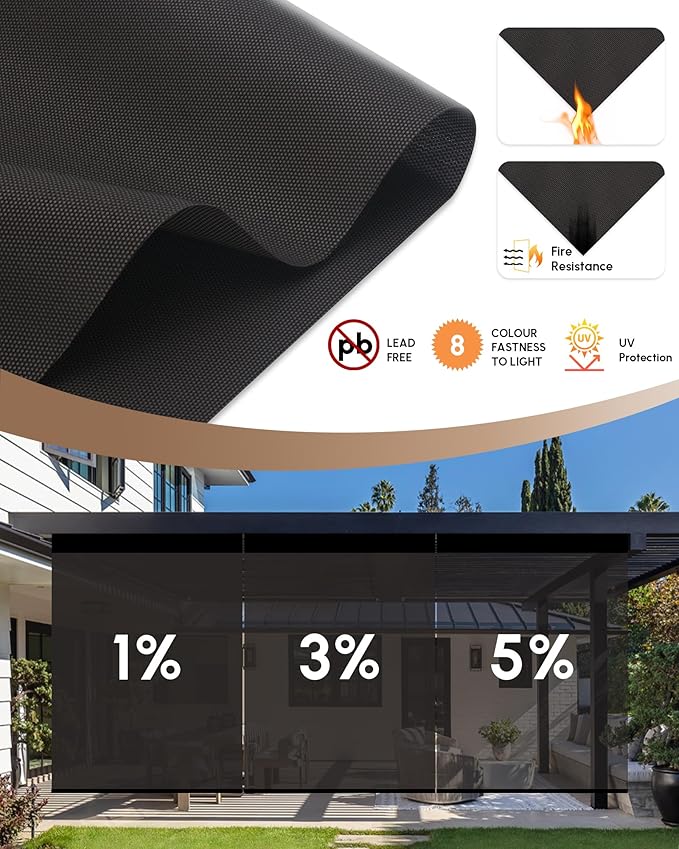 Kincmo Motorized Outdoor Shades for Patio Porch, Custom Outdoor Motorized Blinds with Remote, Waterproof & Windproof Patio Shades Work with Apple Home,Alexa,Google (1% Openness Brown)