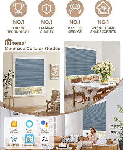 Kincmo Motorized Cellular Shades, Custom Motorized Blinds with Remote, Cordless Smart Electric Honeycomb Blinds Work with Apple HomeKit, Alexa, Google (75%-Blackout-Single-Cell Blue)