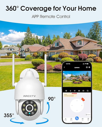 ARCCTV 2K Security Cameras Outdoor, 360°Pan-Tilt View 2.4G/5G WiFi Security Camera with Motion Tracking, Spotlight & Siren, 2-Way Audio, Full Color Night Vision, Waterproof (2 Pack)