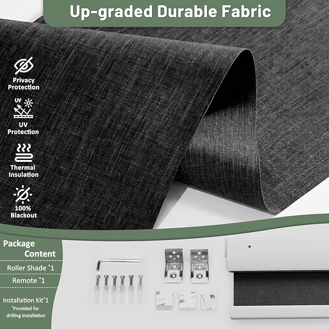 Motorized Blinds with Remote, Blackout No Drill Cordless Smart Roller Shades, Automatic Blinds for Windows, Black,30" W x 72" H