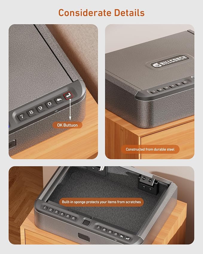 BILLCONCH Gun Safe for Handgun with Fingerprint, App, 0–9 Numeric Keypad | Smart Pistol Safe with 4 Quick-Access Methods, Built-in LED Light, Ideal Steel Biometric Handgun Safe for Nightstand and Home
