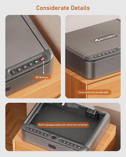 BILLCONCH Gun Safe for Handgun with Fingerprint, App, 0–9 Numeric Keypad | Smart Pistol Safe with 4 Quick-Access Methods, Built-in LED Light, Ideal Steel Biometric Handgun Safe for Nightstand and Home