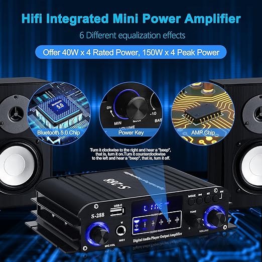 Stereo Audio Amplifier for Home Speakers S-288 Bluetooth 5.0 HiFi Mini Audio Component Amplifiers Receiver 4.0CH RMS 40Wx4 Max. 600W Integrated Power Amp W/USB,FM,Adapter