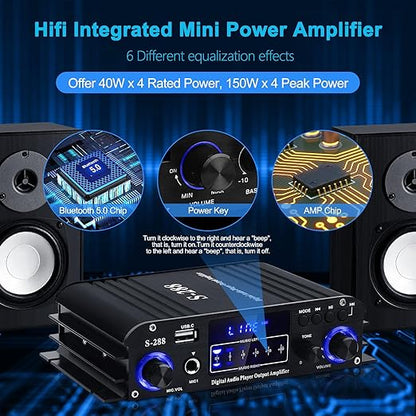 Stereo Audio Amplifier for Home Speakers S-288 Bluetooth 5.0 HiFi Mini Audio Component Amplifiers Receiver 4.0CH RMS 40Wx4 Max. 600W Integrated Power Amp W/USB,FM,Adapter