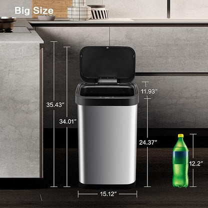 13 Gallon Trash Can, Touchless Stainless Steel Kitchen Bin (Silver)
