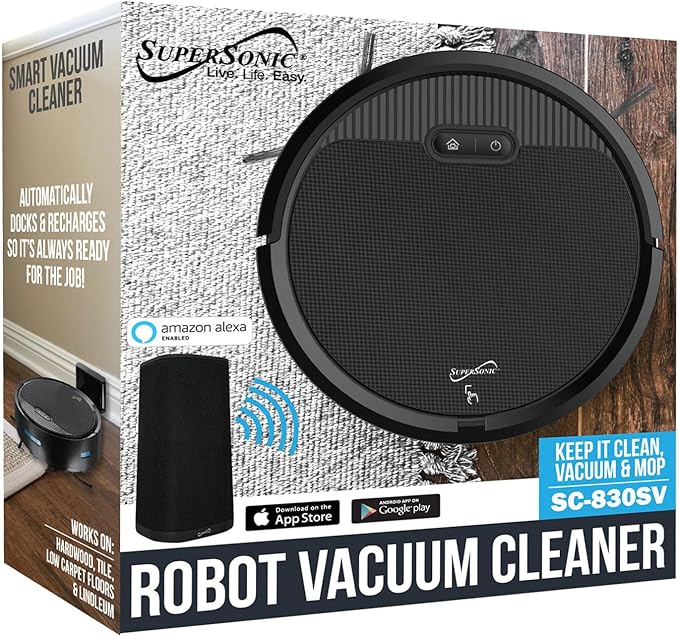 Supersonic SC-830SV Smart Robot Vacuum with Gyroscope Technology, WiFi & App Control, Alexa Compatibility, Quiet Clean, Multiple Modes, Anti-Collision, Ultra-Quiet Operation, HEPA Filter
