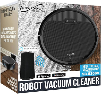 Supersonic SC-830SV Smart Robot Vacuum with Gyroscope Technology, WiFi & App Control, Alexa Compatibility, Quiet Clean, Multiple Modes, Anti-Collision, Ultra-Quiet Operation, HEPA Filter