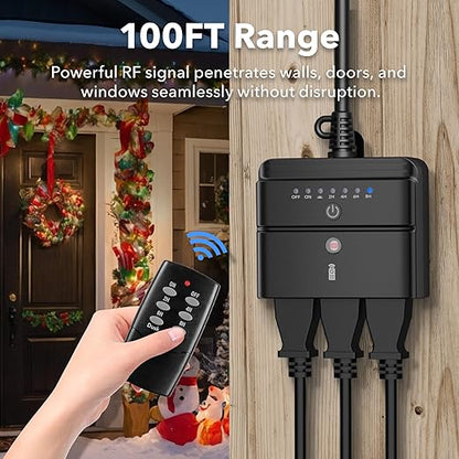 BN-LINK Outdoor Timer Outlet, Dusk-to-Dawn & Remote Control (100ft) - Waterproof 3-Grounded Outlets, 15A ETL Listed for Outdoor String Lights & Appliances