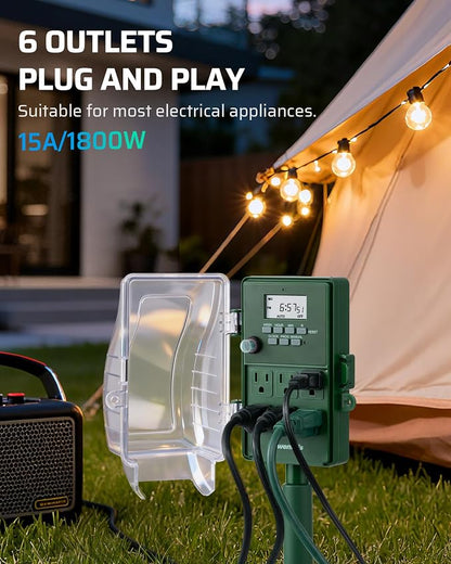 DEWENWILS Outdoor Power Stake Timer, Programmable Digital Timer, 6 Outlets | 1800W/15A Heavy Duty, 6ft Cord, Waterproof Cover, Overload Protection, Works for Yard, Garden, Patio Lights, ETL Listed