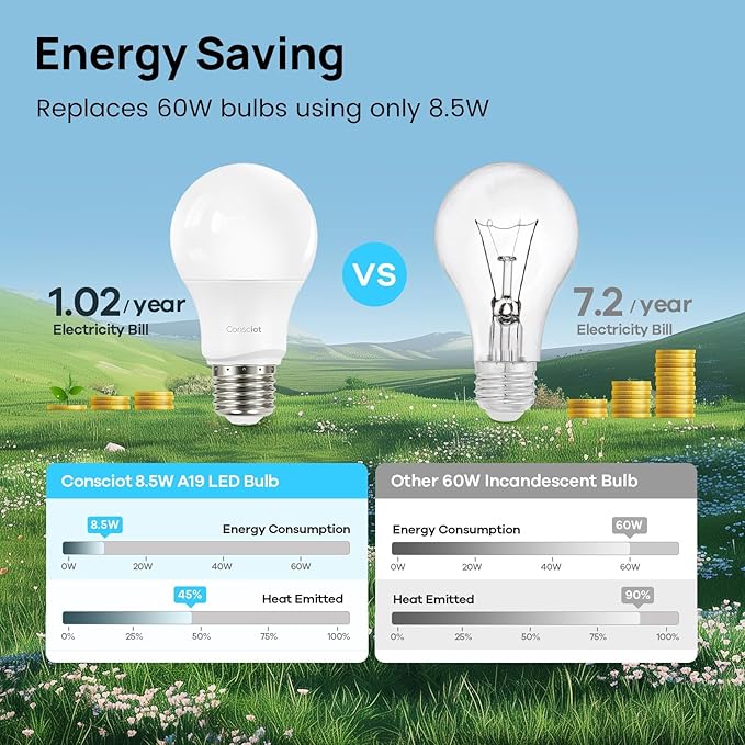 Consciot A19 LED Light Bulb,60W Equivalent,8.5W 3000K Warm White,E26 Base,800 Lumens Non-Dimmable,Energy Efficient LED Light Bulbs,UL Listed for Home Lighting,24-Pack