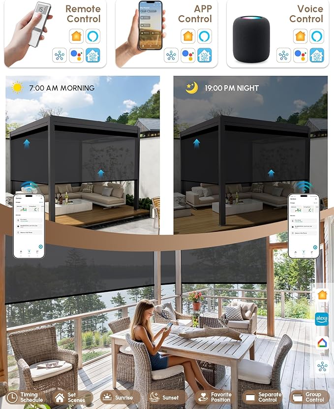 Kincmo Motorized Outdoor Shades for Patio Porch, Custom Outdoor Motorized Blinds with Remote, Waterproof & Windproof Patio Shades Work with Apple Homekit,Alexa,Google (3% Openness Dark Grey)