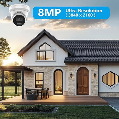 4K 8MP Turret POE IP Camera Outdoor Compatible with Ⲏіkconnect/ iVMS4200/ Guarding Vision, Smart IR and White Light Night Vision, Metal Casing Waterproof IP67, Support 512Gb SD Card(NOT Included)
