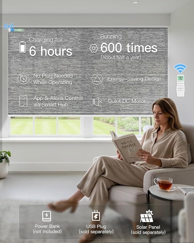 Motorized Roman Shades for Windows, Custom Light Filtering Roman Blinds with Remote, Smart Privacy Window Shades for Living Room Kitchen Office, Alexa & Google Home Compatible, App Control via RF Hub