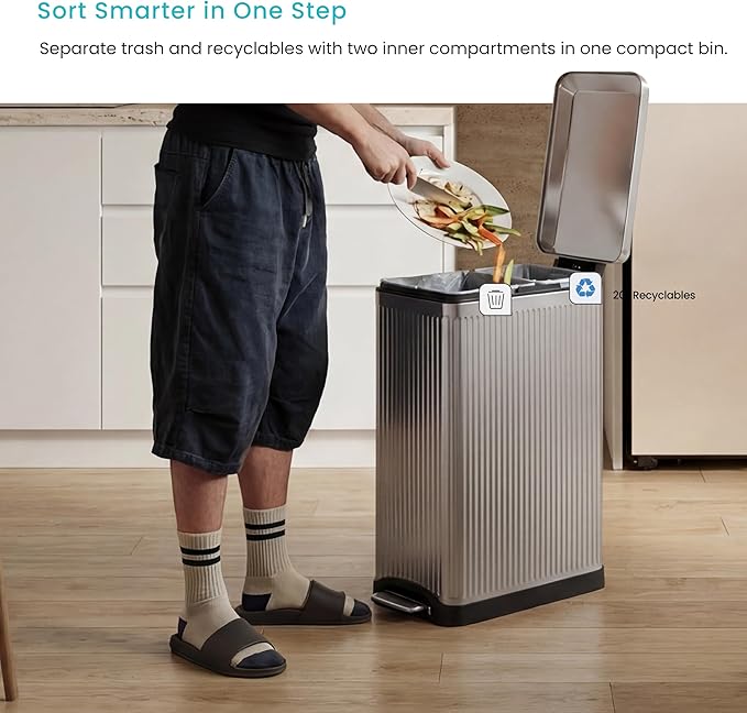 Home Zone Living 13 Gallon Dual Compartment Step Trash Can with Soft-Close Lid, Reeded Stainless Steel, Silver