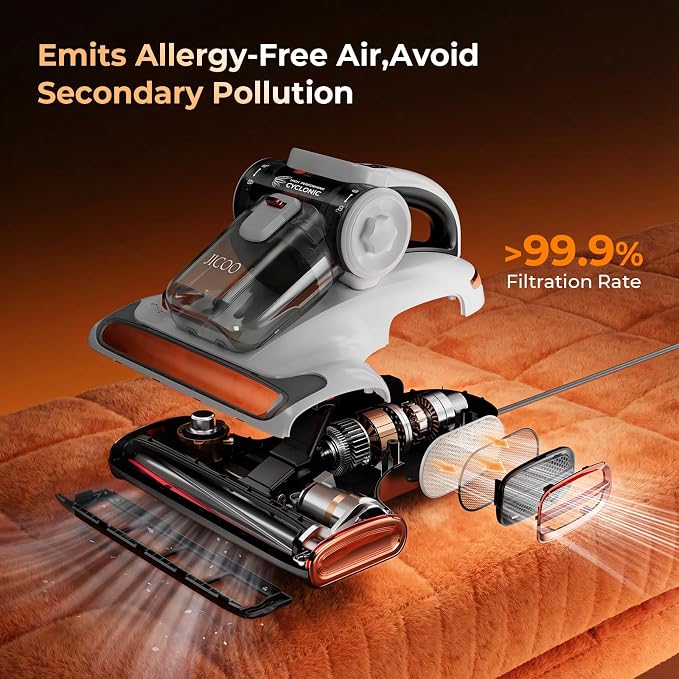 JIGOO T600 Mattress Bed Vacuum Cleaner with UV-C Light, 15Kpa Suction, 700W | 700W Motor, Double Cup, Smart Dust Sensor, Ultrasonic, Heating Tech, MIF Filter, Handheld, Deep Clean for Bed, Sofa, Pet Hair