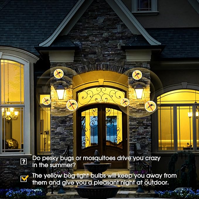 Flaspar Dusk to Dawn LED Yellow Bug Light Bulbs Outdoor, A19 6W Bug Lights for Outside, 40W Equivalent, Non-Attracting, E26 Base, Ideal for Photocell Sensor Porch Patio, Deck, Backyard, 2 Pack
