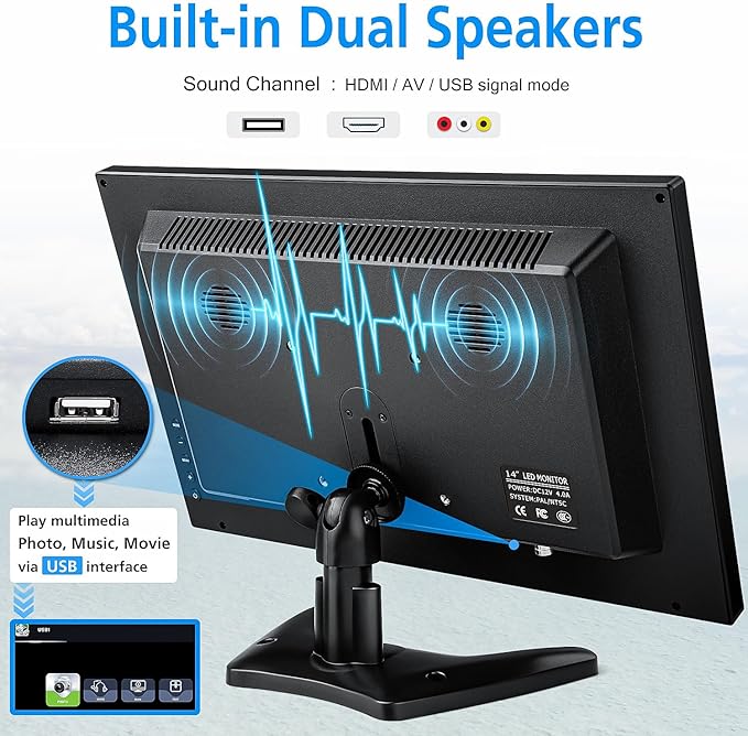 Haiway 14 Inch Security Monitor, 1366x768 Resolution Small PC Monitor Built-in Speakers with HDMI/VGA/BNC/AV Ports, Home Office Mini hdmi Monitors for Laptop, CCTV Camera, Gaming with Remote Control