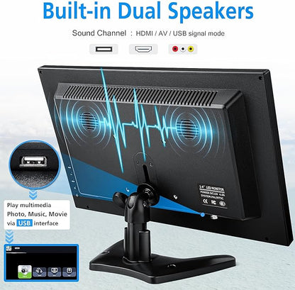 Haiway 14 Inch Security Monitor, 1366x768 Resolution Small PC Monitor Built-in Speakers with HDMI/VGA/BNC/AV Ports, Home Office Mini hdmi Monitors for Laptop, CCTV Camera, Gaming with Remote Control
