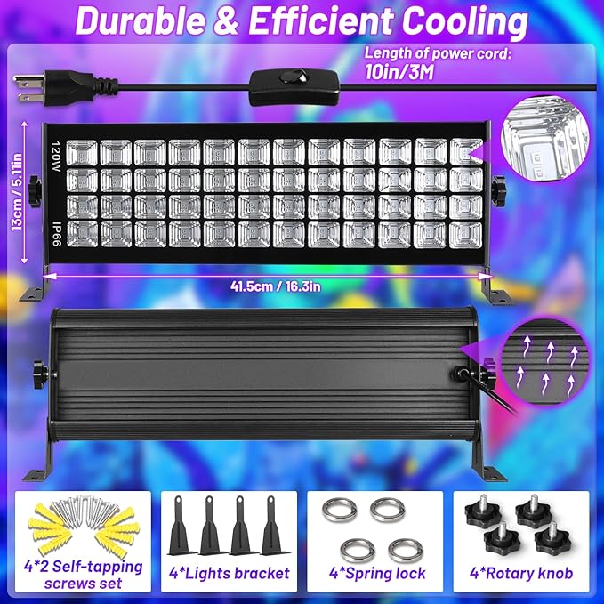 YQNLIFA 120W Waterproof LED Black Lights, 4 Pack Black Light Bar with 10Ft Cable and On/Off Switch, IP66 Indoor/Outdoor Blacklight for Neon Glow Party, Body Paint, Fluorescent Reactive, Back Yard