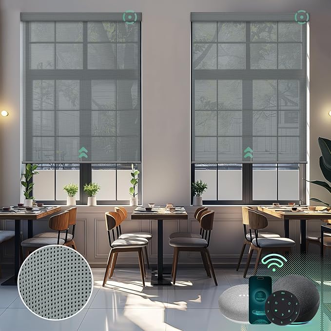 Yoolax Motorized Solar Shades Light Filtering Motorized Blinds with Remote Smart Blinds Compatible with Alexa, Google, Flame Retardant Roller Shades for Windows, Customized (14% Openness Cloud Gray)