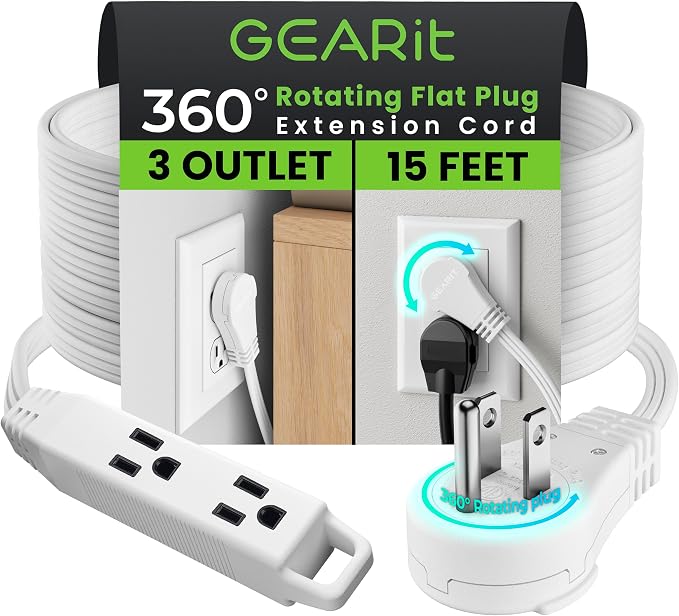 GEARit 15 ft 360° Rotating Flat Plug Extension Cord, 3 Outlet Low Profile Power Cord, 16 AWG 13A 3 Prong Grounded Indoor Cord, ETL Listed, Space-Saving for Furniture, White