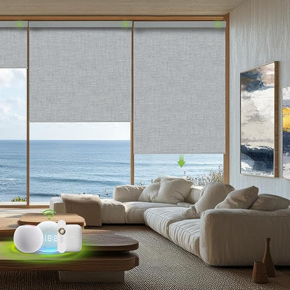 Motorized Blinds with Remote，100% Blackout Smart Blinds Motorized Roller Shades Compatible with Alexa Automatic Blinds for Windows Electric Window Blinds Customized Size Light Gray Mist
