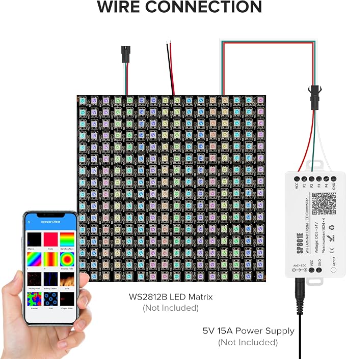 SEZO WS2812B WiFi Controller, iOS/Android App Control DC 5V24V SP801E for SK6812 WS2815 Digital One-Wire RZ Code LED Driver IC RGB LED Strip Matrix Panel Light AP/STA Mode