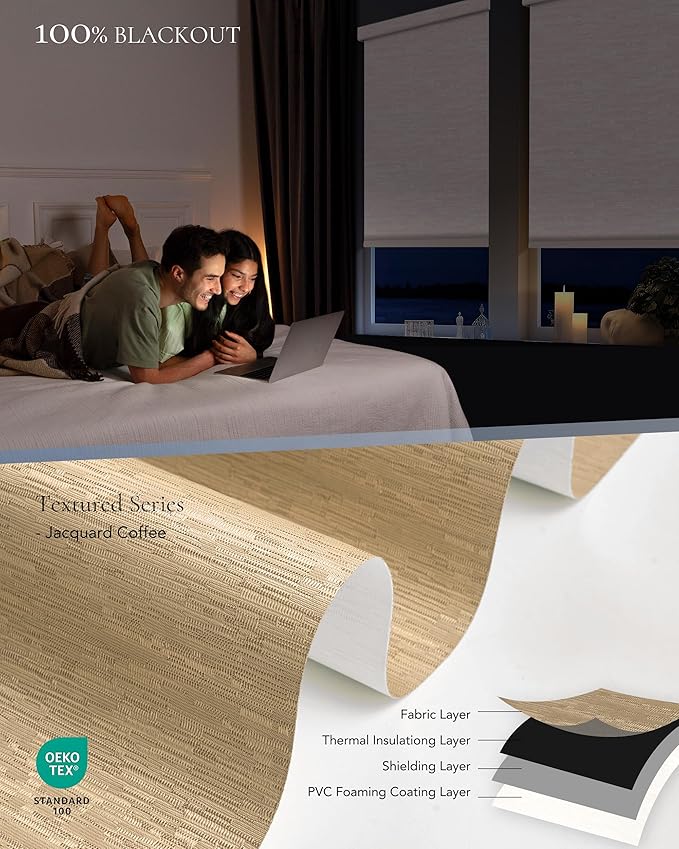 Motorized Blinds Compatible with Alexa Google 100% Blackout Smart Blind Automatic Window Roller Shades Remote Control Custom Size Jacquard Coffee