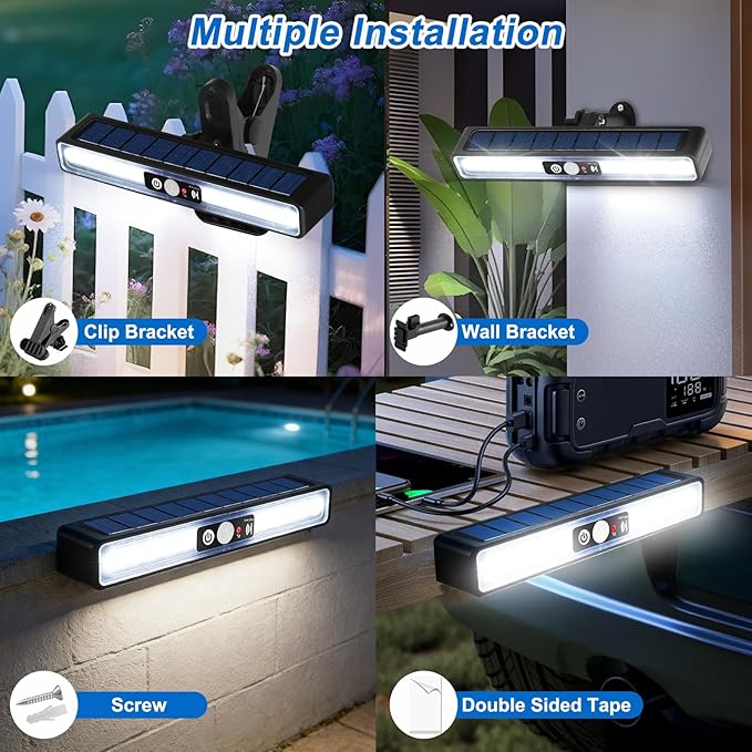 Clip On Solar Motion Sensor Outdoor Lights, 2 Pack 72 LED Solar Fence Lights Waterproof with 3 Modes, 6000K, Portable Solar Powered Security Lights for Fence, Gutter, Garage, Garden, RV Camping