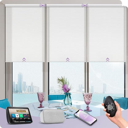 Graywind Motorized Solar Shades Light Filtering Mesh Shade Compatible with Alexa Google Remote Control Window Blinds with Valance for Smart Home Office Business, Custom Size (1% Openness White)