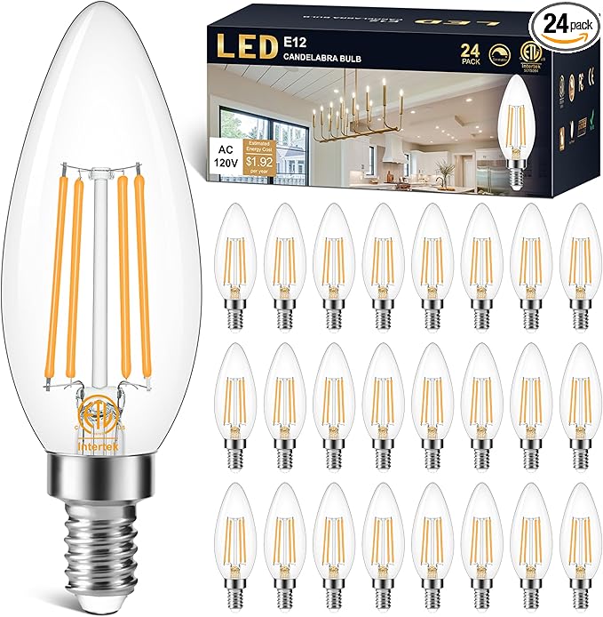 Cotanic Dimmable Candelabra LED Bulb 2700K Warm White,E12 Base Ceiling Fan Light Bulb 60W Equivalent, Type B Light Bulb with Candle Shape,C35 Filament Chandelier Light Bulb Clear Glass,600LM,24 Pack
