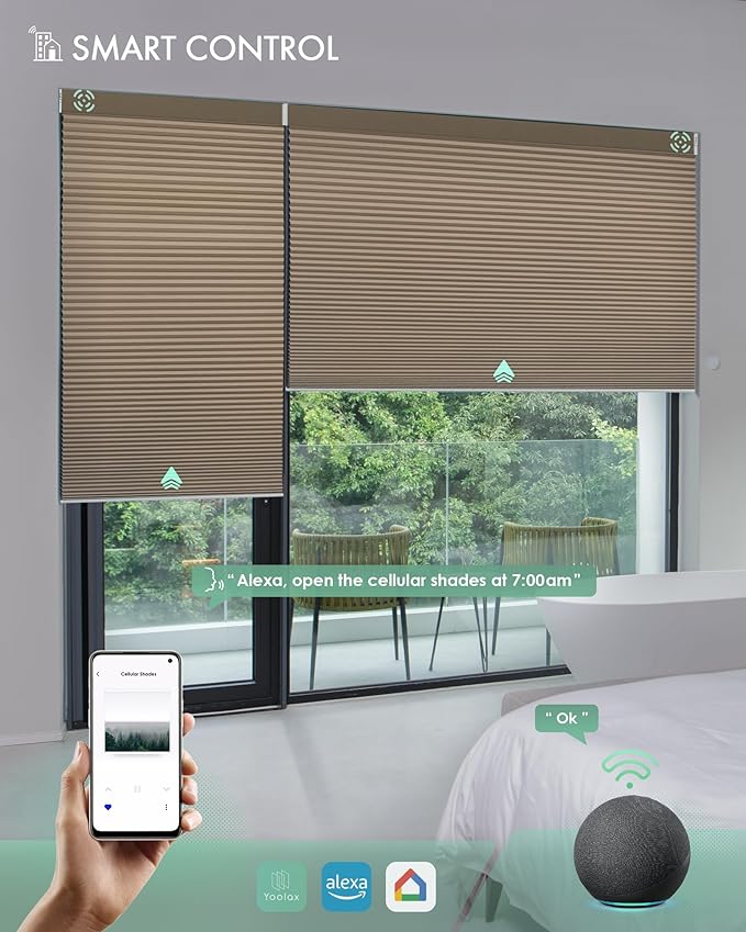Yoolax Motorized Cellular Shades Compatible with Alexa, Blackout Motorized Blinds with Remote Smart Honeycomb Shades for Indoor Windows, Automatic Blinds Custom Size (Brown)
