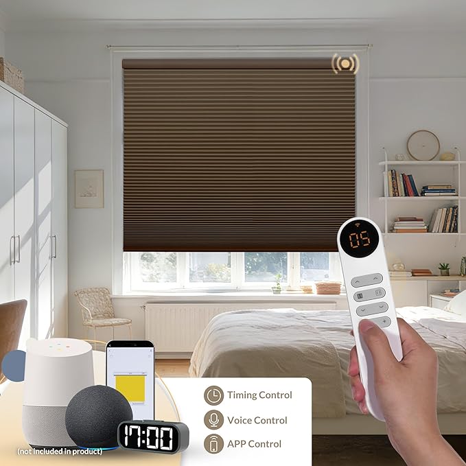Boolegon No Drill Motorized Cellular Blinds with Remote Motorized Blackout Honeycomb Blinds for Indoor Windows Easy to Install Automatic Cellular Shades for Home,Blackout Dark Brown,Custom Size